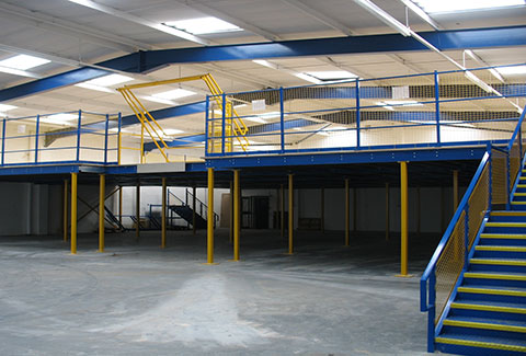 A photo of a newly constructed mezzanine in a large warehouse