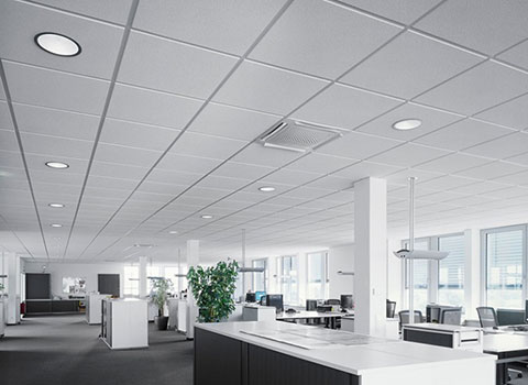 photo of a modern open plan office with suspended ceiling